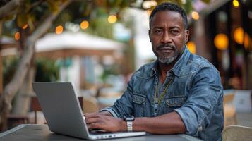 AI generated Man Sitting in Front of Laptop Computer photo