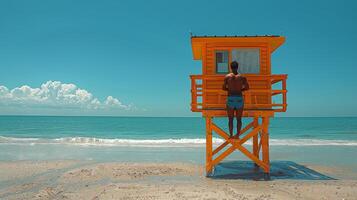 AI generated Man Standing at End of Pier Looking at Ocean photo