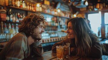 ai generado un hombre y un mujer sentado a un bar foto