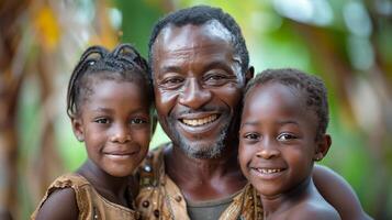 ai generado sonriente hombre y dos niños foto