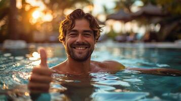 AI generated Man Giving Thumbs Up in Swimming Pool photo