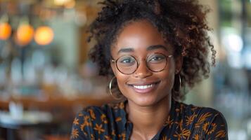 ai generado sonriente mujer sentado a mesa en restaurante foto