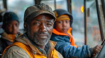 AI generated Man Sitting in Bus With Another Man Behind Him photo