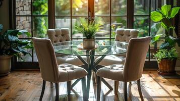 AI generated Round Glass Dining Room Table With Beige Chairs photo