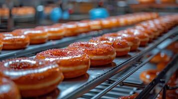 AI generated Conveyor Belt Filled With Glazed Donuts photo