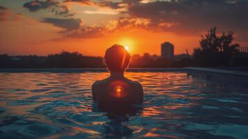 ai generado hombre dando pulgares arriba en nadando piscina foto