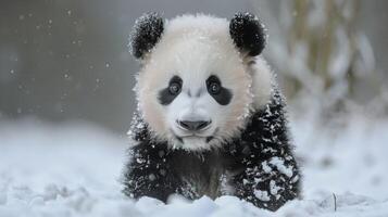 ai generado panda oso caminando mediante nieve cubierto bosque foto