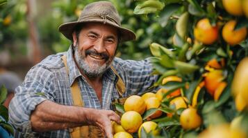 ai generado hombre cosecha naranjas desde árbol foto