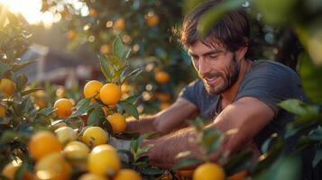 AI generated Man Picking Oranges From Tree photo