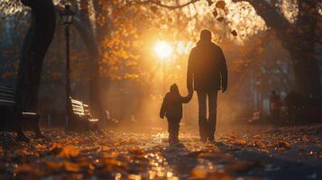 AI generated A Man and Child Walking in a Park at Sunset photo