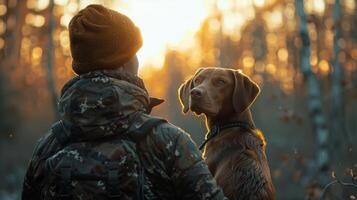 ai generado hombre participación perro en el bosque foto