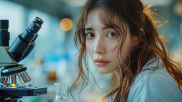 ai generado joven mujer mirando a un microscopio en laboratorio foto