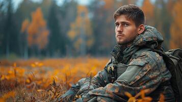 ai generado hombre sentado en campo de amarillo flores foto