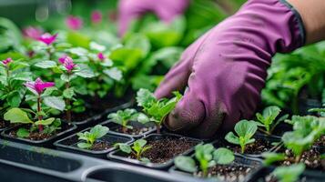 ai generado persona en púrpura guantes tendiendo a plantas foto