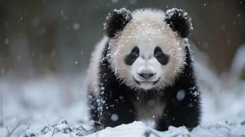 AI generated Panda Bear Walking Through Snow Covered Forest photo