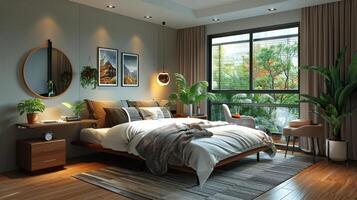 ai generado espacioso dormitorio con grande cama y de madera pisos foto