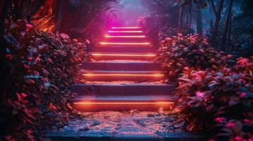 AI generated Illuminated Stairs With Neon Lights photo