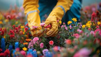 AI generated Person Wearing Gloves and Gardening Gloves Picking Flowers photo