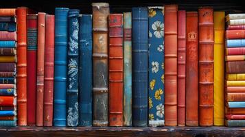 AI generated Row of Colorful Books on Wooden Shelf photo