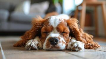AI generated Brown and White Dog Resting on Carpet photo