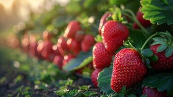 ai generado grupo de fresas creciente en campo foto