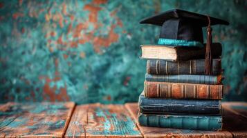 ai generado apilar de libros con graduación gorra foto