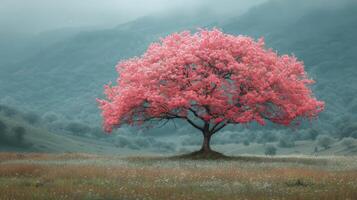 ai generado rosado árbol en pie en césped campo foto