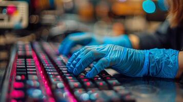 AI generated Person Typing on Keyboard in Blue Gloves photo