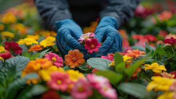 ai generado persona vistiendo guantes y jardinería guantes cosecha flores foto