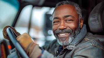 ai generado sonriente hombre conducción camión foto