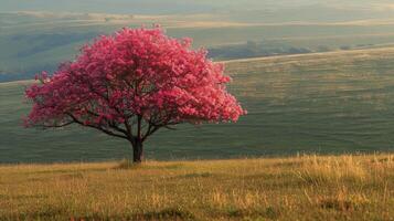 AI generated Pink Tree Standing in Grass Field photo