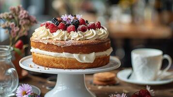 AI generated Cake and Coffee on Wooden Table photo