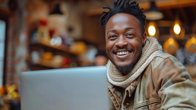 AI generated Man Sitting in Front of Laptop Computer photo