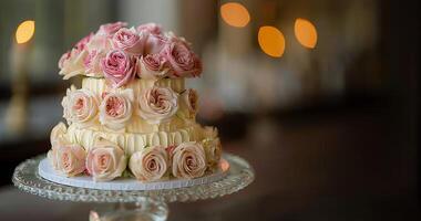 ai generado elegante Boda pastel con rosado flores foto