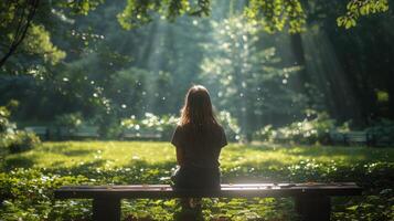 AI generated Woman Sitting on Bench in Park photo