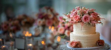 AI generated Elegant Wedding Cake With Pink Flowers photo