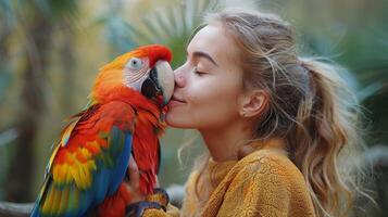 ai generado mujer besos loro en mejilla foto