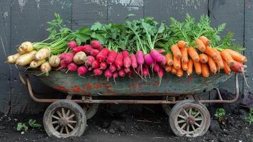 ai generado carretilla desbordante con zanahorias y rábanos foto