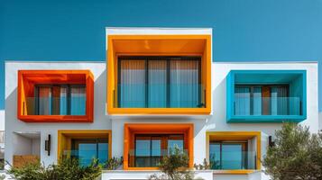 ai generado vistoso edificio con balcones en urbano ajuste foto