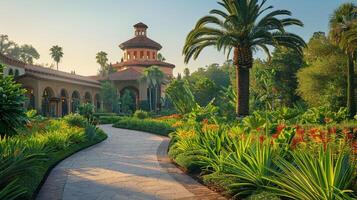 AI generated Garden With Palm Trees and Flowers in Front of a Building photo