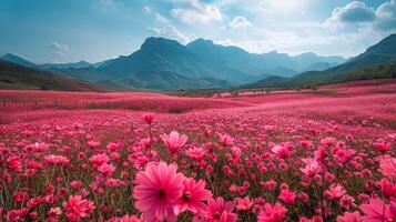 AI generated Pink Flowers Field With Mountains in Background photo