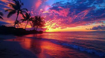 AI generated Sunset on Tropical Beach With Palm Trees photo