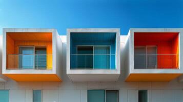 ai generado vistoso edificio con balcones en urbano ajuste foto