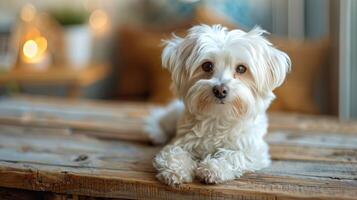 AI generated Small White Dog Sitting on Wooden Table photo