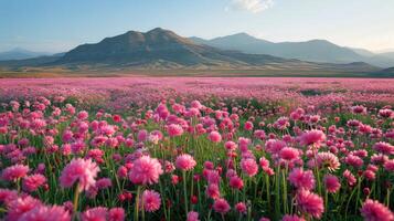 AI generated Pink Flowers Field With Mountains in Background photo