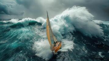 AI generated Sailboat Maneuvering Through Large Wave photo