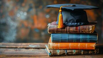 ai generado apilar de libros con graduación gorra foto