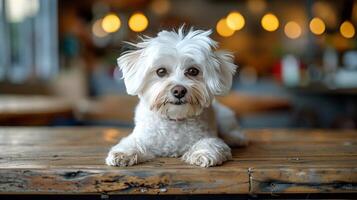 AI generated Small White Dog Sitting on Wooden Table photo