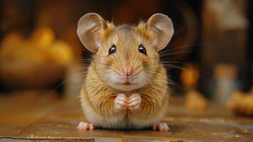 AI generated Brown Mouse Sitting on Wooden Floor photo