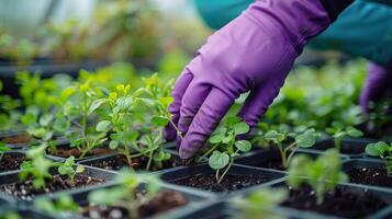 ai generado persona en púrpura guantes tendiendo a plantas foto